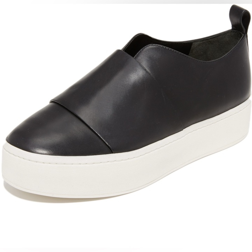 Vince Black Leather Slip-On Platform Sneakers with White Sole